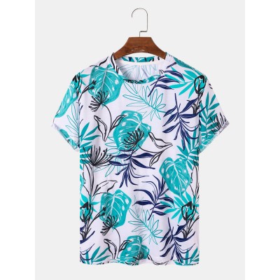 Mens All Over Plants Leaf Print Holiday Short Sleeve T  Shirts