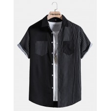 Mens Pinstripe Patchwork Double Pocket Daily Short Sleeve Shirts