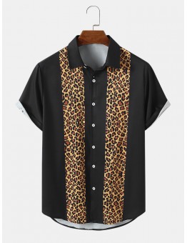 Mens Leopard Print Button Up Lapel Short Sleeve Shirts