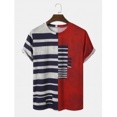 Men Stylish Asymmetric Striped Print Patchwork O Neck Hem Cuff Casual T  Shirts LU MINGKUN-Exclusive link