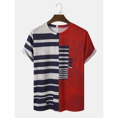 Men Stylish Asymmetric Striped Print Patchwork O Neck Hem Cuff Casual T  Shirts LU MINGKUN-Exclusive link