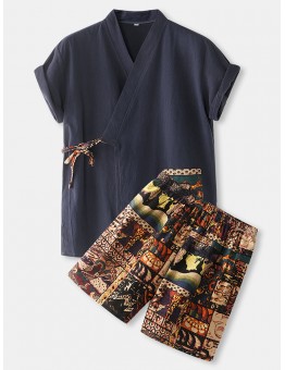 Mens Cotton Vintage Print V  Neck Tie Side Kimono Relaxed Fit Short Pajamas Sets