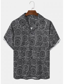 Mens Loop Overlay Print Buttons Short Sleeve Shirts