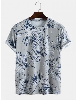 Mens Tropical Plant Print Crew Neck Holiday Short Sleeve T  Shirts