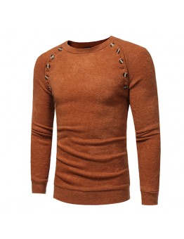 Autumn Winter Men’s Fashion Button Design Pullovers Casual Slim Round Neck Long Sleeved Pullover Swe