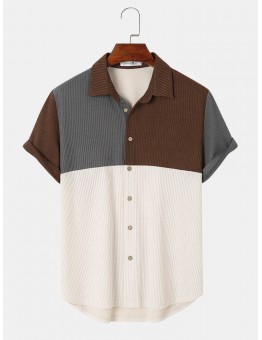 Mens Patchwork Spliced Ribbed Short Sleeve Shirts