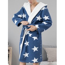 Mens Thick Star Print Home Sashes Plush Warm Hooded Sleepwear Robes With Pocket