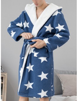 Mens Thick Star Print Home Sashes Plush Warm Hooded Sleepwear Robes With Pocket