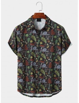 Mens Leaf Print Button Up Short Sleeve Shirts