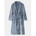 Mens Flannel Lapel Double Pocket Warm Belted Robes With Contrast Binding