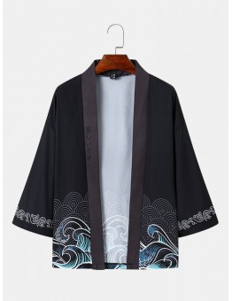 Mens Japanese Wave Print Open Front Loose 3 4 Sleeve Kimono