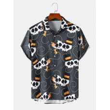 Mens Halloween Funny Head Pattern Short Sleeve Front Buttons Shirts