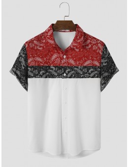 Mens Paisley Color Block Print Lapel Short Sleeve Shirts