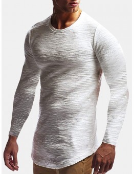 Mens Jacquard Slim Fit Solid Color Cotton Round Neck Casual Long Sleeve T  Shirt