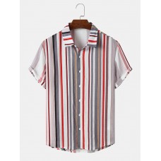 Mens Multicolor Striped Print Short Sleeve Lapel Shirts