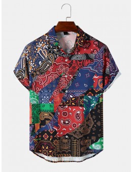 Mens Multicolor Paisley Asymmetric Stitching Short Sleeve Shirts