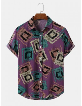 Mens Irregular Geometric Print Button Up Short Sleeve Shirts