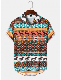 Mens Horse Graphic Geometric Ethnic Short Sleeve Shirts